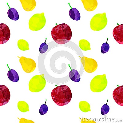 Seamless pattern with apple, lemon, pear, plum with blots and stains on a white background. Watercolor art. Freehand creative Cartoon Illustration