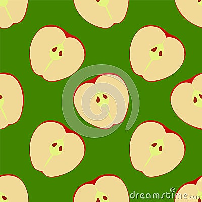 Seamless pattern of apples. Halves of repeated red apples. Vector illustration. Image isolated on bright green Vector Illustration