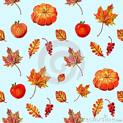 Nice warm seamless pattern with pumpkins, apples, autumn leaves and berries Stock Photo