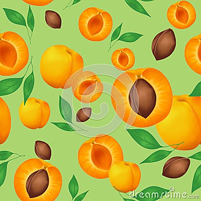 Seamless pattern with apricots and green leaves on olive background Stock Photo