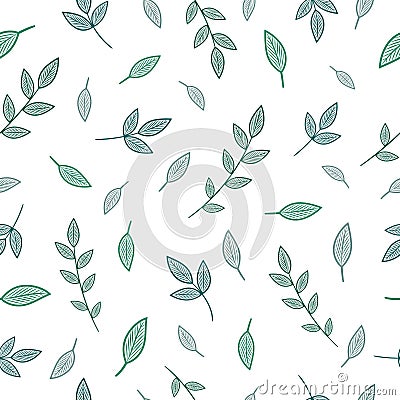 Seamless pattern with aquamarine and blue branches and leaves on a white background Vector Illustration