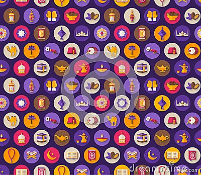 Seamless pattern with arabic flat icons in circles Vector Illustration