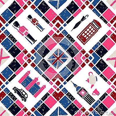 Seamless pattern Argyle and English Symbols Stock Photo