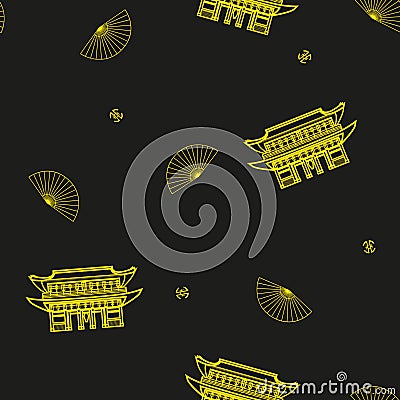 Seamless vector pattern with Asian fans and traditional buildings. Vector Illustration