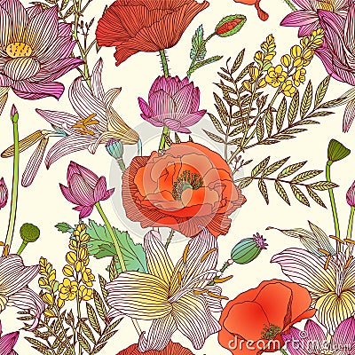Seamless pattern - assorted flowers Vector Illustration