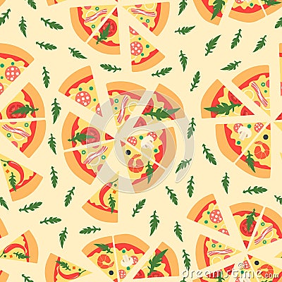 Seamless pattern with assorted pizza slices. Vector illustration. Repeating background Vector Illustration