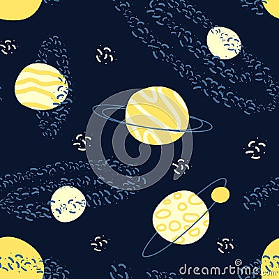 Seamless pattern of astronomical objects, represented by star clusters and planets Vector Illustration