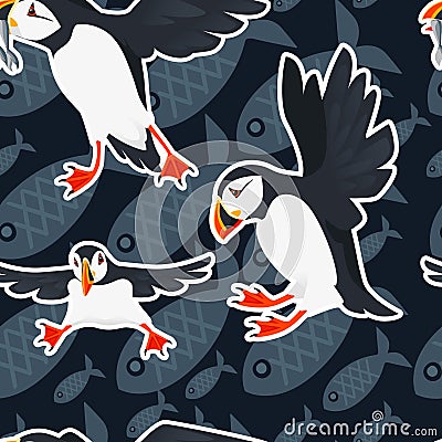 Seamless pattern atlantic puffin bird cartoon animal design flat vector illustration on blue background with fish Vector Illustration