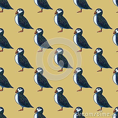 Seamless pattern atlantic puffin risograph illustration Cartoon Illustration