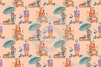 Seamless pattern. Autumn. Children in various poses. Stock Photo