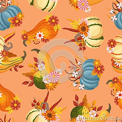 Seamless Pattern with Autumn Floral Compositions Blend Vibrant Flowers With Charming Pumpkins, Vector Illustration Vector Illustration