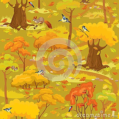 Seamless pattern - Autumn Forest Landscape with trees, mushrooms Vector Illustration