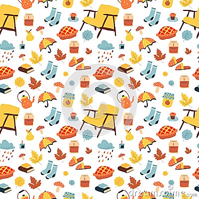 Seamless pattern. Autumn illustration, stickers with homely cute things. Vector Illustration