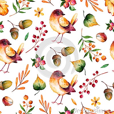 Seamless pattern with autumn leaves,flowers,branches,berries and little bird. Cartoon Illustration
