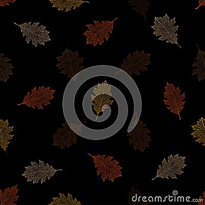 Seamless pattern of autumn leaves of northern red oak on a black background Vector Illustration