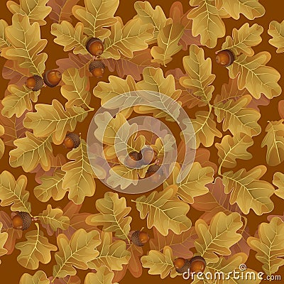 Seamless pattern of autumn oak leaves with brown acorns Vector Illustration