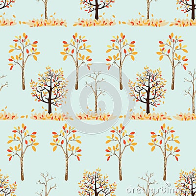 Seamless pattern of autumn trees with leaves falling in green background Vector Illustration