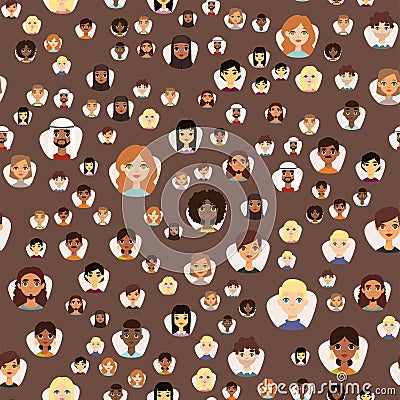 Seamless pattern avatars with facial features different nationalities clothes and hairstyles people characters vector Vector Illustration