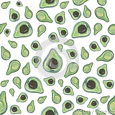 Seamless pattern avocado. Watercolor painted collection of fruits. Handmade fresh food design elements isolated Stock Photo