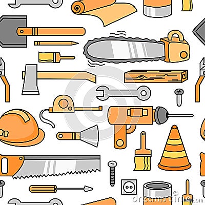 Seamless pattern with ax, helmet, screwdriver, hammer, ruler and others. Stock Photo