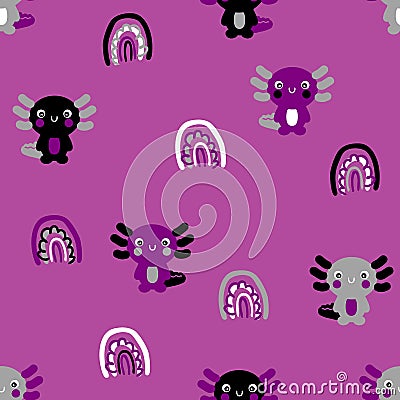 Seamless pattern with axolotls and rainbows in asexual color style. Perfect print for tee, textile and fabric. Hand drawn vector Vector Illustration