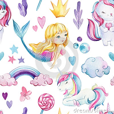 Seamless pattern, baby background with mermaids and cat, watercolor drawing Cartoon Illustration