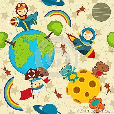 Seamless pattern baby boy in space Vector Illustration