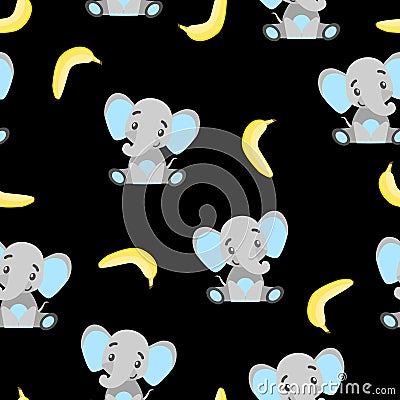 Seamless pattern baby elephants and yellow bananas Vector Illustration