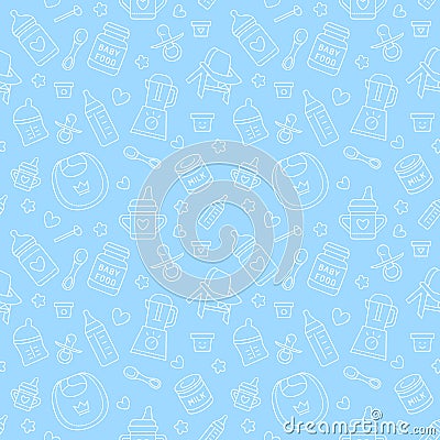 Seamless pattern baby food, pastel color, vector illustration. Infant feeding thin line icons. Cute repeated blue texture, baby it Vector Illustration