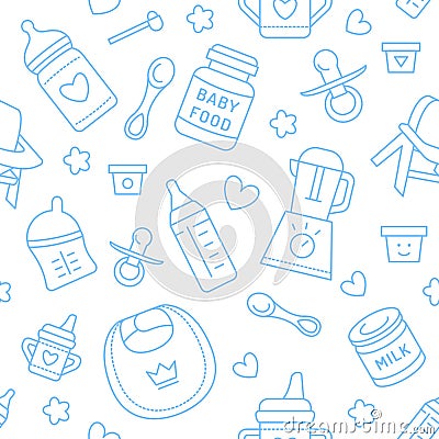 Seamless pattern baby food, pastel color, vector illustration. Infant feeding thin line icons. Cute repeated blue texture, baby it Vector Illustration