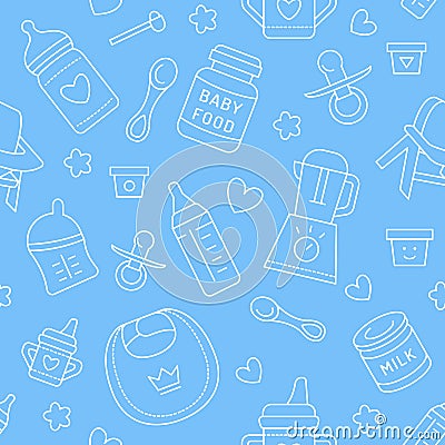 Seamless pattern baby food, pastel color, vector illustration. Infant feeding thin line icons. Cute repeated blue texture, baby it Vector Illustration