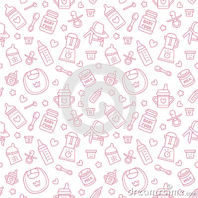 Seamless pattern baby food, pastel color, vector illustration. Infant feeding thin line icons. Cute repeated pink texture, baby it Vector Illustration