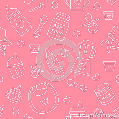 Seamless pattern baby food, pastel color, vector illustration. Infant feeding thin line icons. Cute repeated pink texture, baby it Vector Illustration