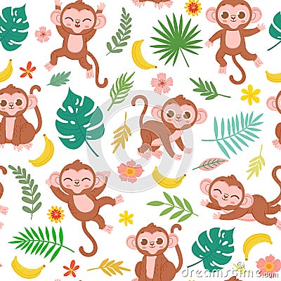 Seamless pattern with baby monkey, banana and tropical leaves. Cartoon childish jungle animal print for fabric. Cute monkeys Vector Illustration