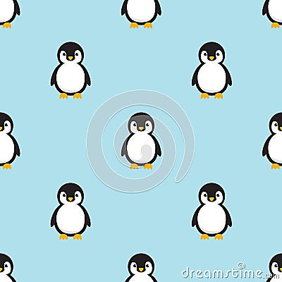 Seamless pattern Baby Penguin standing on sky blue background. Vector Illustration