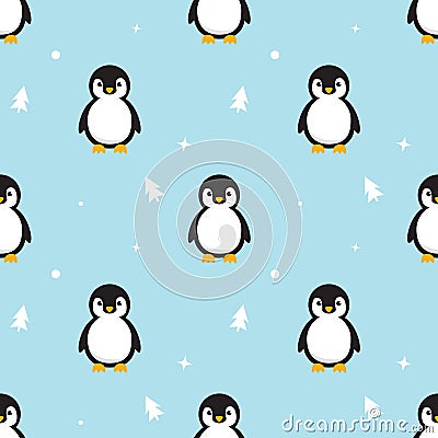 Seamless pattern Baby Penguin standing on sky blue background. Vector Illustration