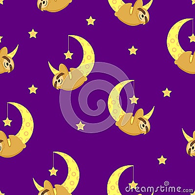 Seamless pattern. Baby sloth hanging on a yellow crescent. Moon and stars. Violet background. Cute and funny. Cartoon style. Good Vector Illustration