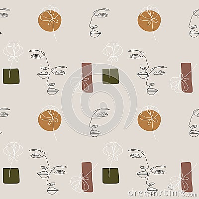 Seamless pattern background Abstract line art woman face. Portret minimalistic style. Continuous line. Young girl beauty minimalis Vector Illustration