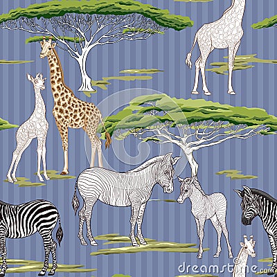 Seamless pattern, background with adult zebra and giraffe and zebra and giraffe cubs. Vector illustration. Vector Illustration