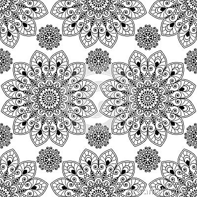 Seamless pattern background with black and white mehndi henna lace buta decoration items in Indian style. Stock Photo