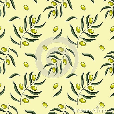 Seamless pattern background of branches of olives on a green background. background design for fashion, interior or textile. Vector Illustration