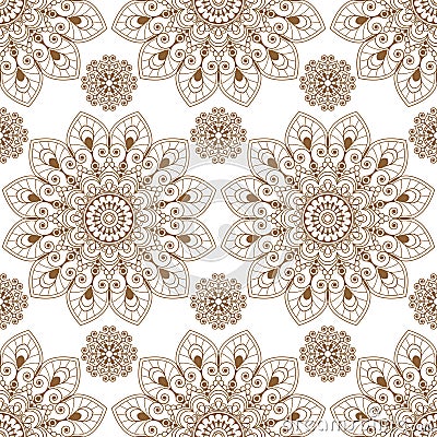 Seamless pattern background with brown and white mehndi henna lace buta decoration items in Indian style Stock Photo