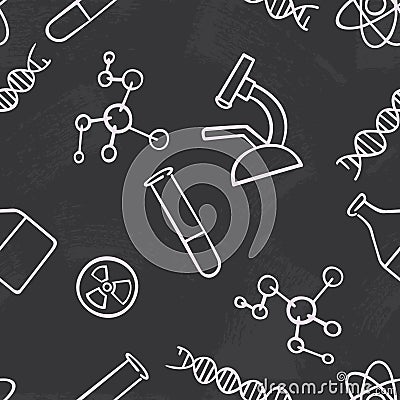 Seamless pattern background chemistry. Science vector. Wallpaper chemical instruments. University and school education. The Vector Illustration