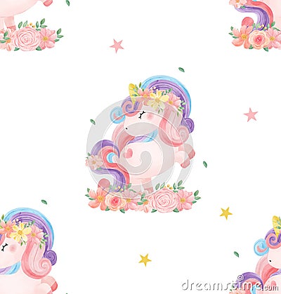 Seamless pattern background Cute watercolor sweet floral magical purple baby Unicorn in flower garden, nursery cartoon painting Vector Illustration