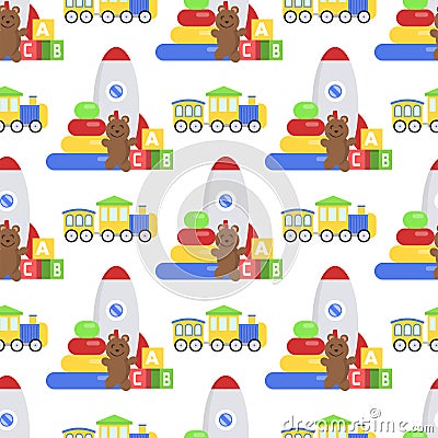 Seamless pattern background full kid toys cartoon cute graphic stuff play childhood baby room vector illustration Vector Illustration