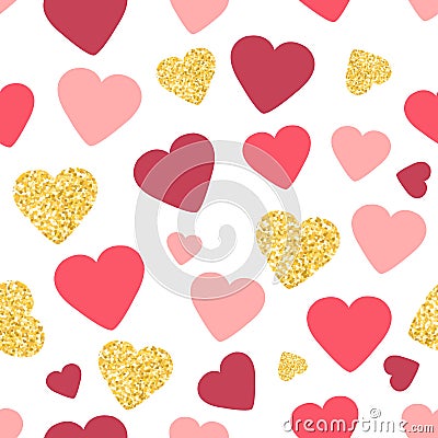 Seamless pattern background with gold glitter and pink hearts. Love concept. Cute wallpaper. Good idea for your Wedding Vector Illustration