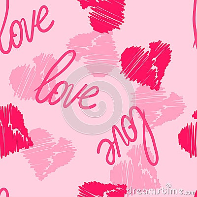 Seamless pattern background with hand-drawing hearts and love word for use in design for valentines day or wedding Vector Illustration