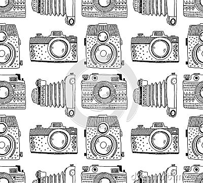 Seamless pattern background with hand drawn ornamental retro cameras. Vector Illustration