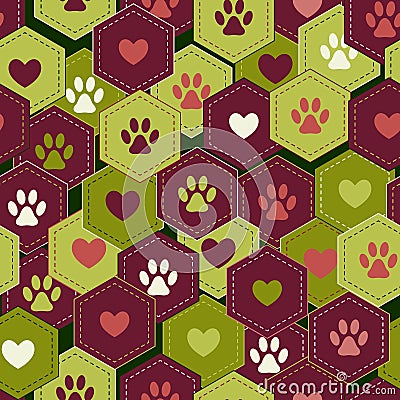 Seamless pattern background with hearts and footprints of home pet in hexagons Vector Illustration