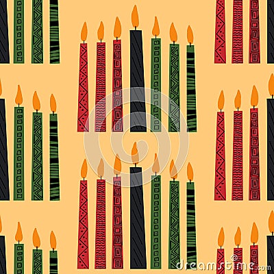 Seamless pattern background for Kwanzaa, print with hand drawn kinara seven candles decorated with ethnic ornament Vector Illustration